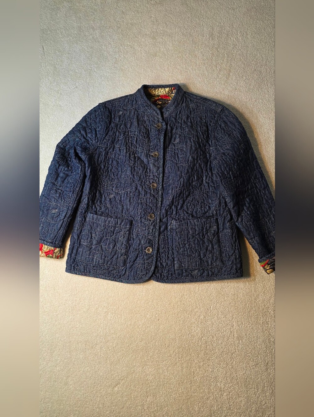 Chicos Quilted Reversible Jacket Navy Floral Paisley Denim Womens 1 (S)